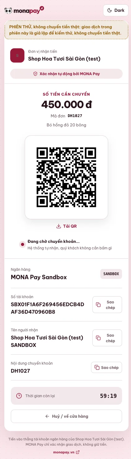 Trang thanh toán MONA Pay hiển thị VietQR, số tiền 450.000đ và mã đơn DH1027 đang chờ chuyển khoản