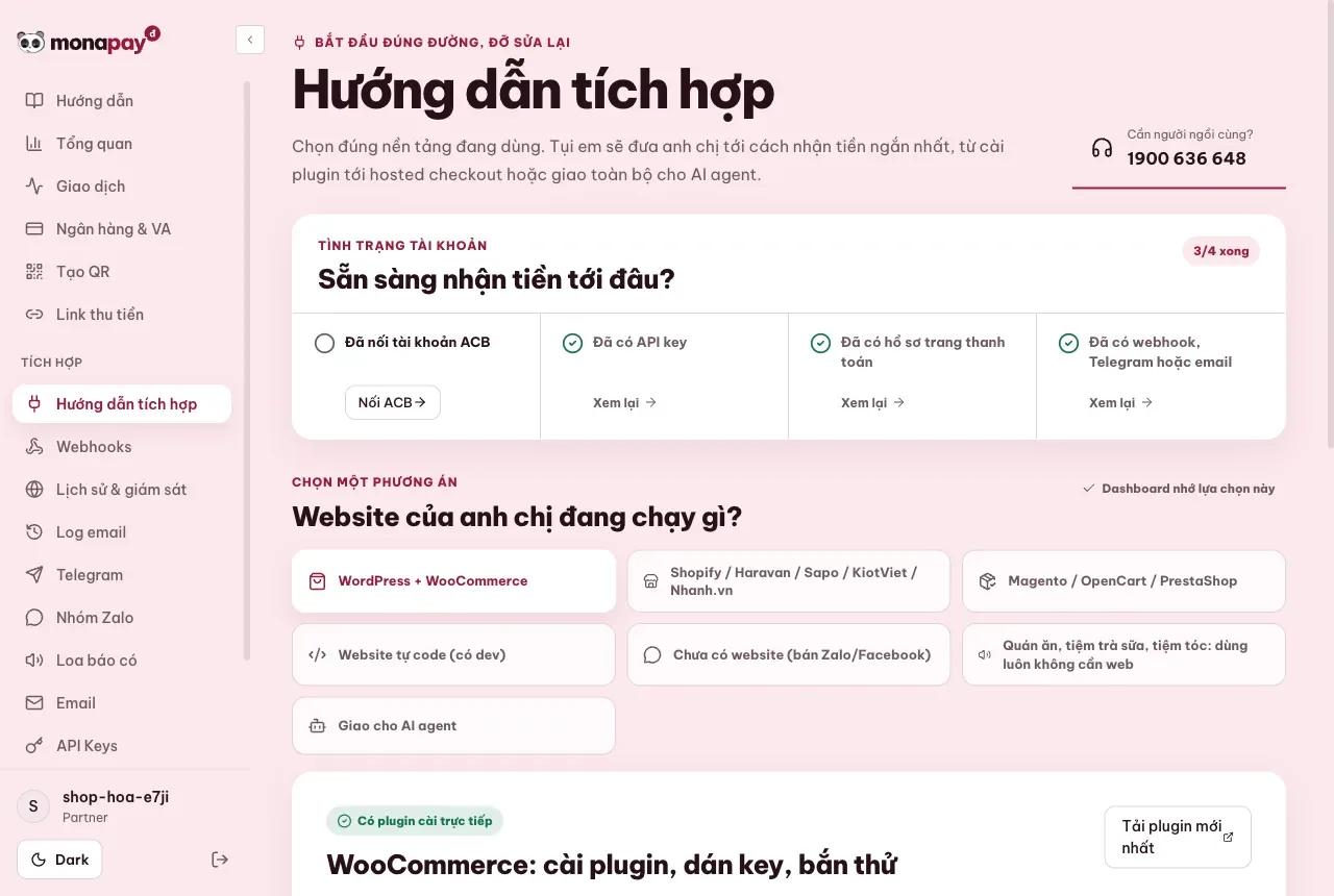 Dashboard MONA Pay hướng dẫn tích hợp theo nền tảng: WooCommerce, Shopify, website tự code, AI agent