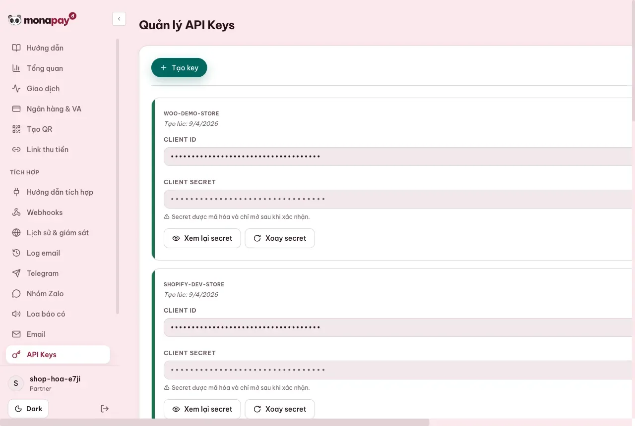 Dashboard MONA Pay quản lý API Keys, xem lại và xoay client secret cho từng hệ thống