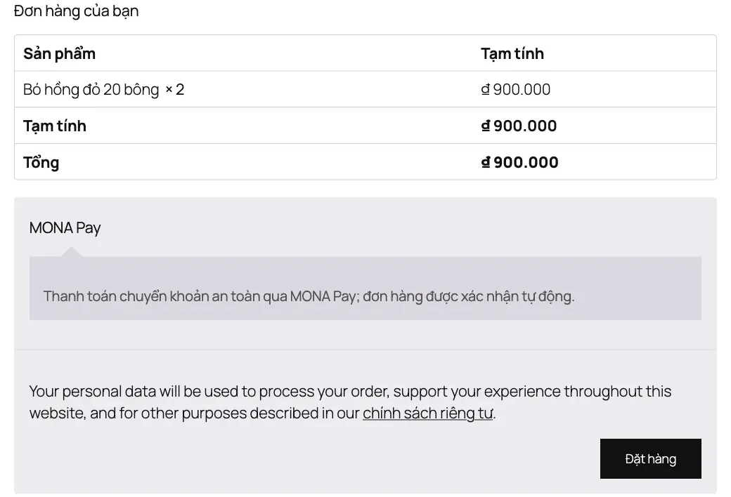 Trang thanh toán WooCommerce có phương thức MONA Pay cho đơn hàng 900.000 đồng