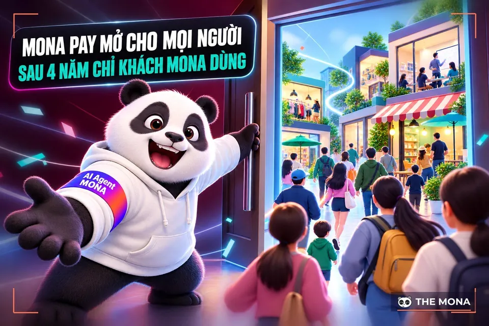 Gấu MONA mở cửa đón mọi người vào, minh hoạ MONA Pay mở cho mọi doanh nghiệp