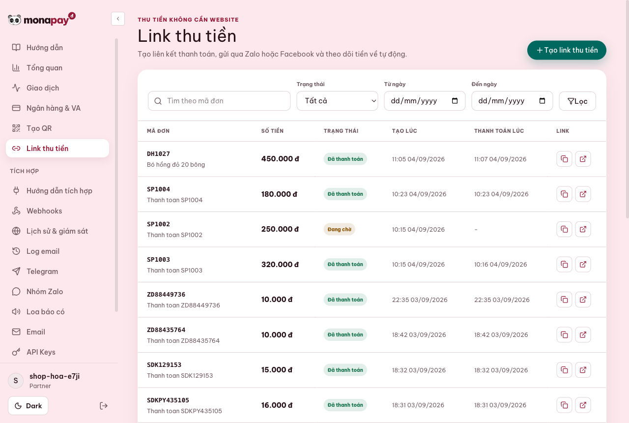 Dashboard MONA Pay Link thu tiền không cần website với các đơn đã thanh toán và đang chờ