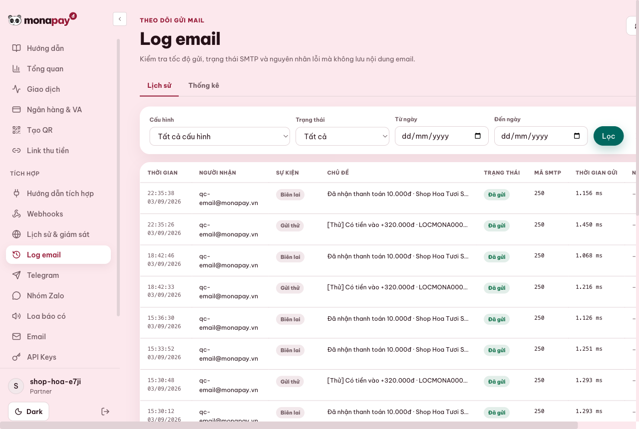 Dashboard MONA Pay hiển thị log email đã gửi cùng trạng thái và thời gian phản hồi SMTP