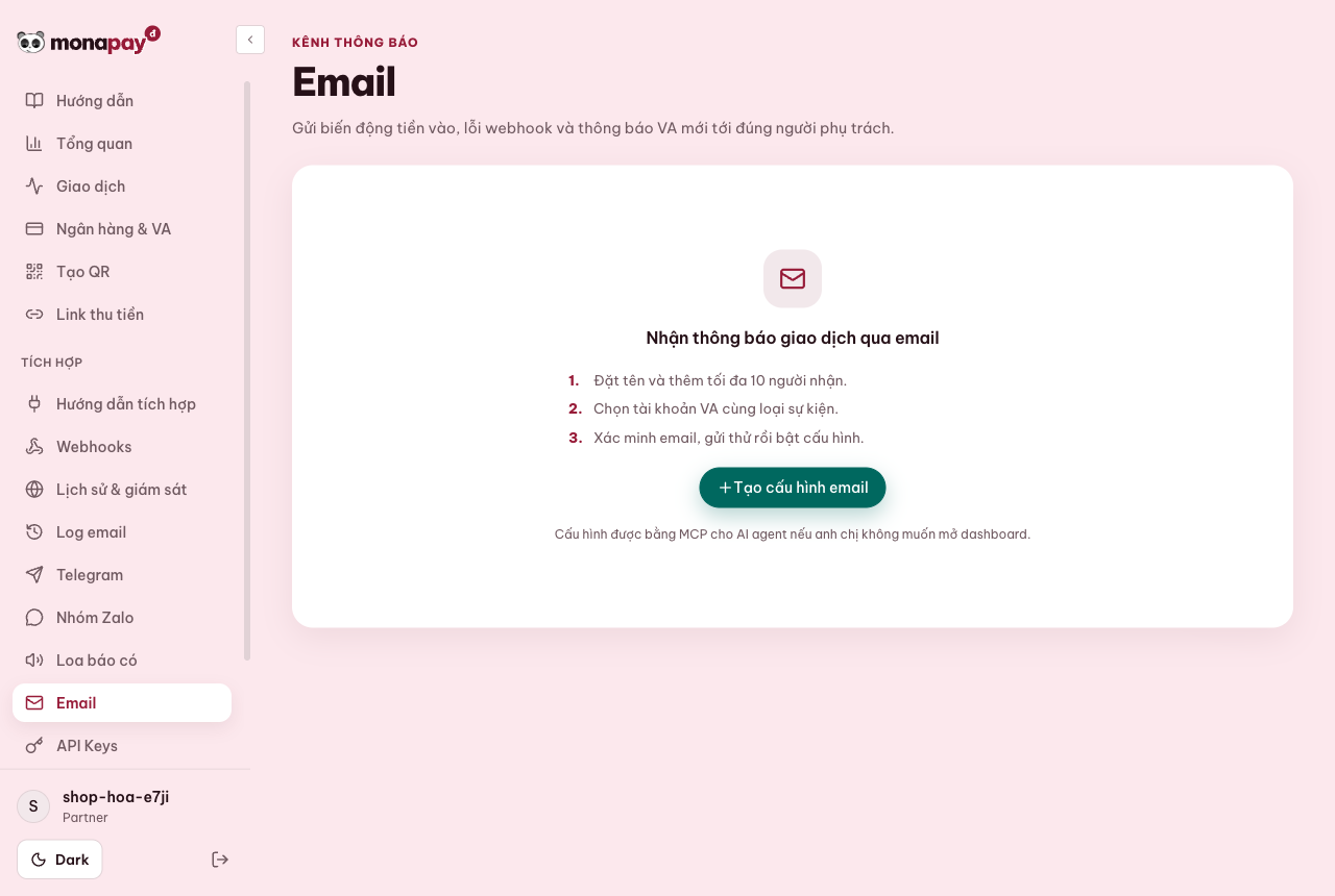 Dashboard MONA Pay tạo cấu hình thông báo tiền vào qua email