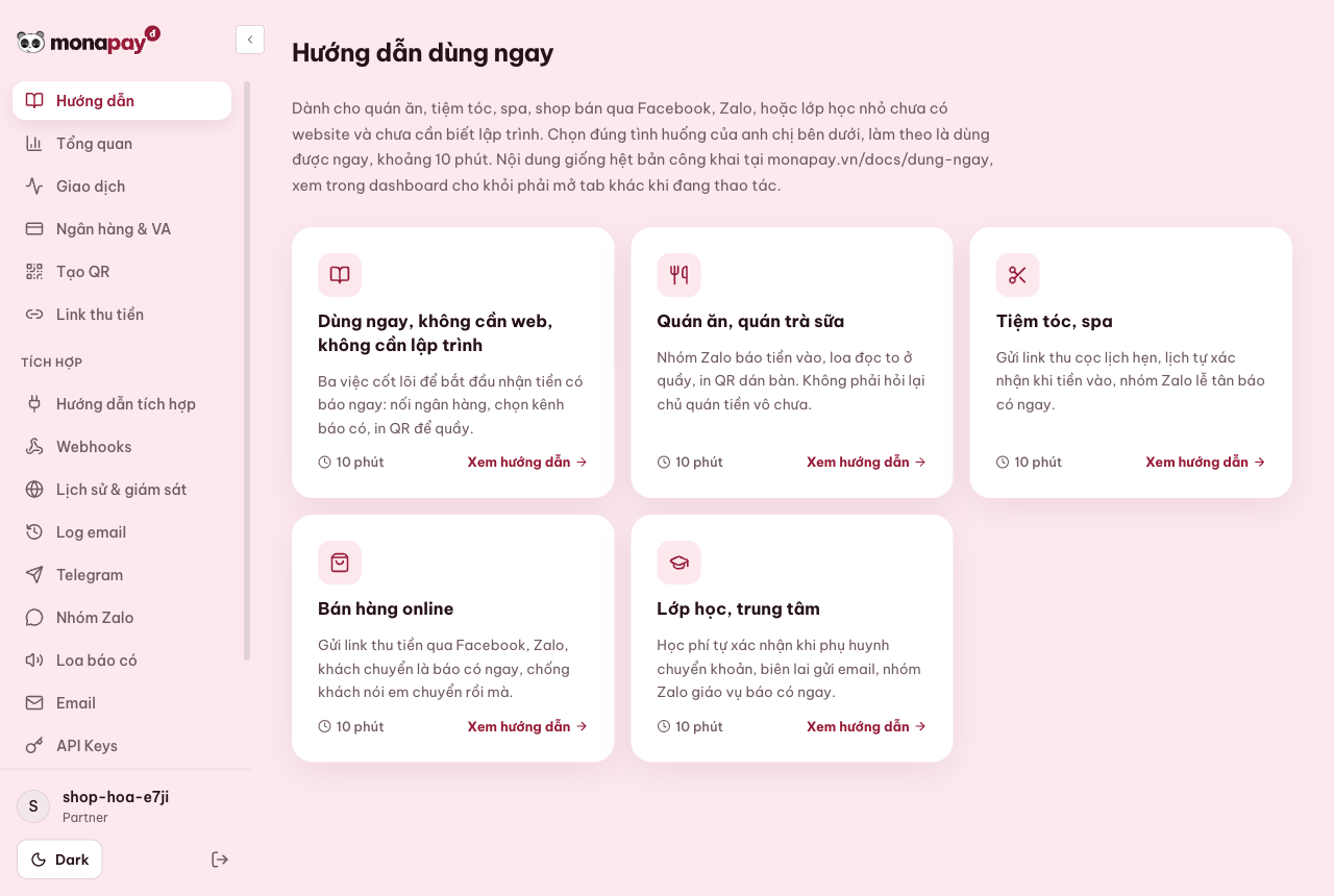 Dashboard MONA Pay mục Hướng dẫn dùng ngay cho quán, tiệm, bán hàng online và lớp học