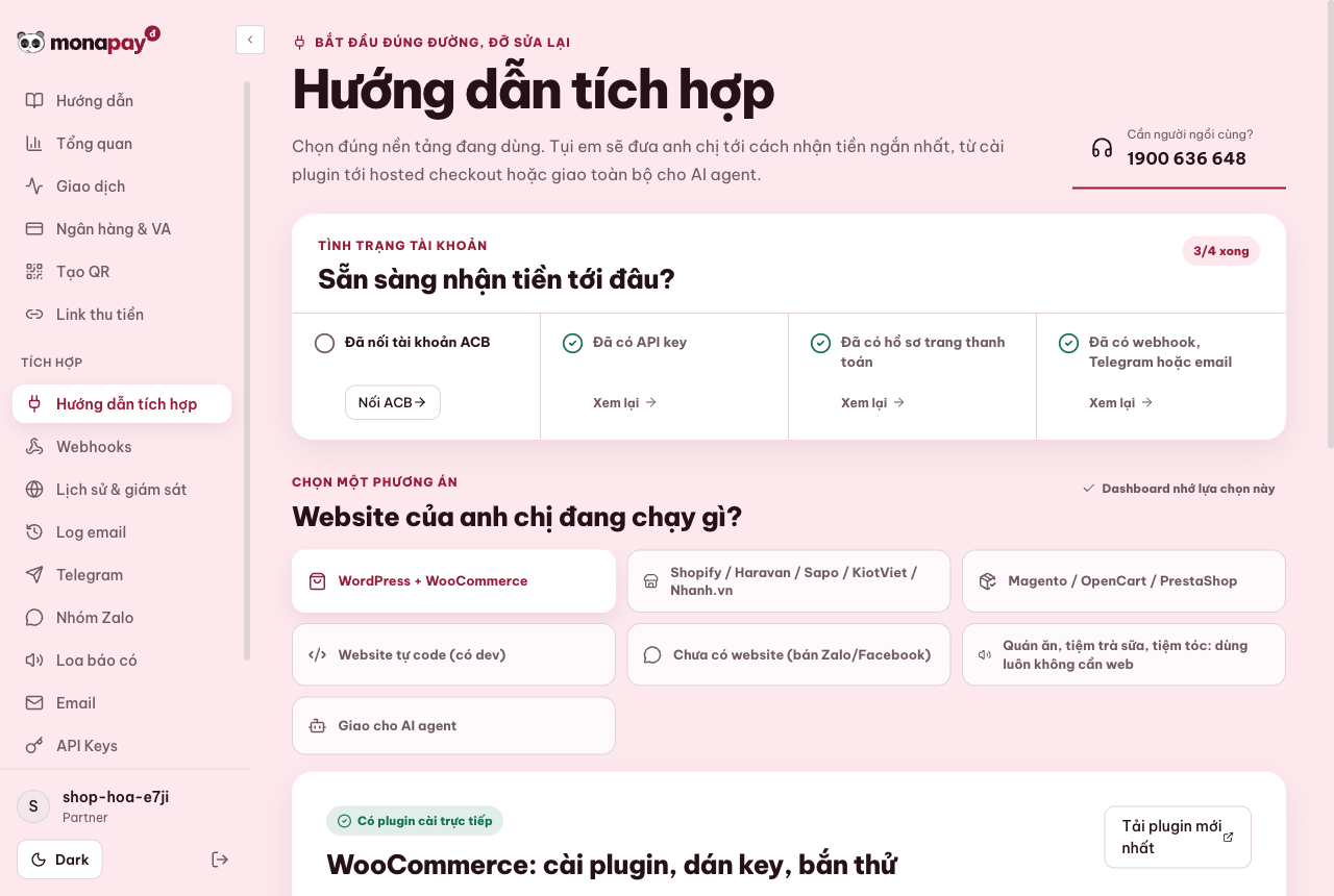 Dashboard MONA Pay hướng dẫn tích hợp cho WooCommerce, Shopify, webhook và AI agent