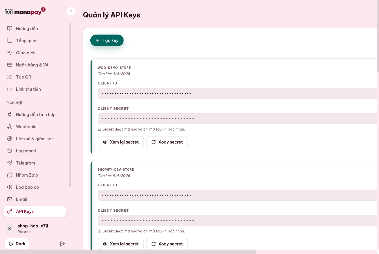 Dashboard MONA Pay tạo, xem và thu hồi API Keys cho hệ thống hoặc AI agent