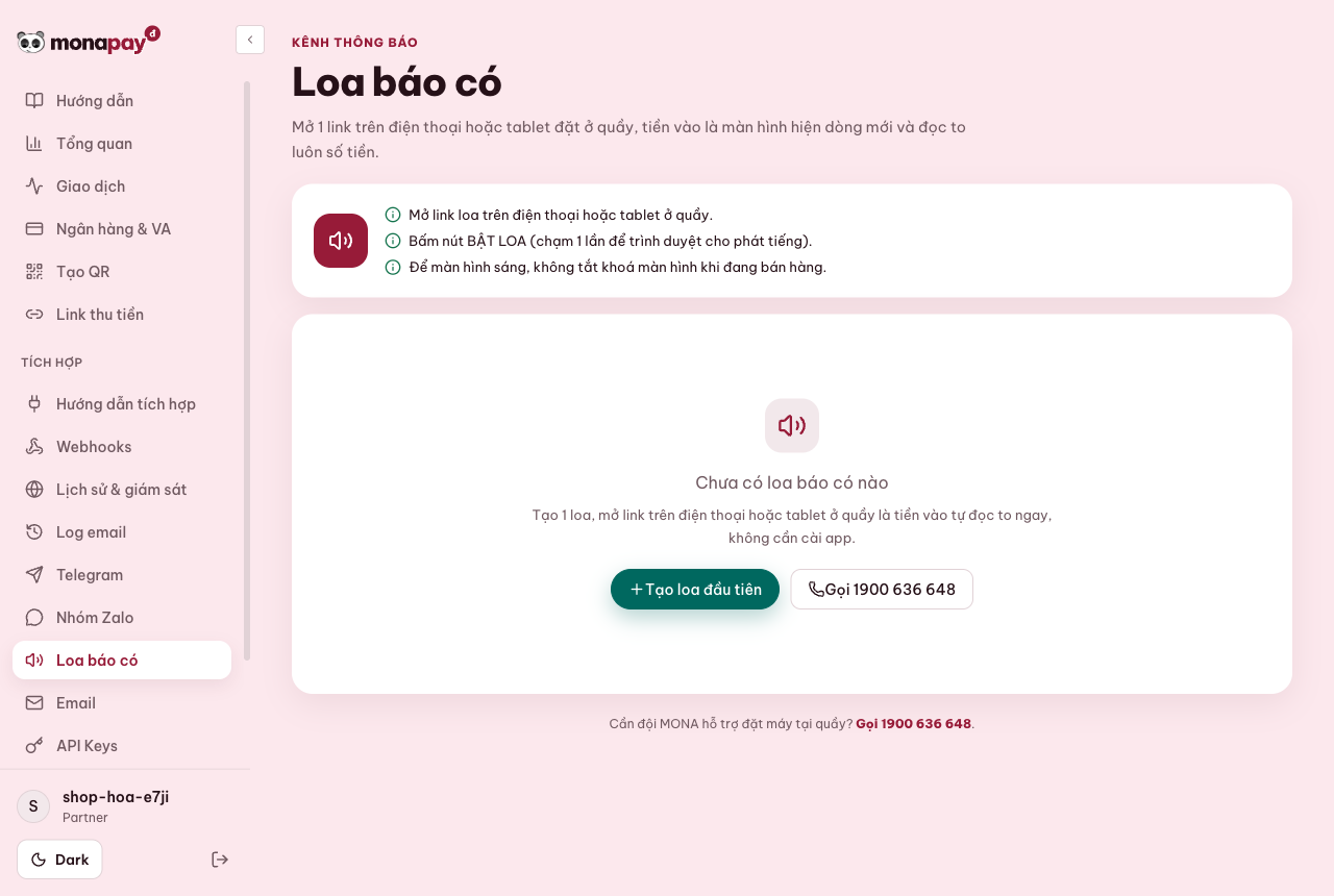 Dashboard MONA Pay mục Loa báo có với hướng dẫn mở link trên điện thoại hoặc máy tính bảng tại quầy