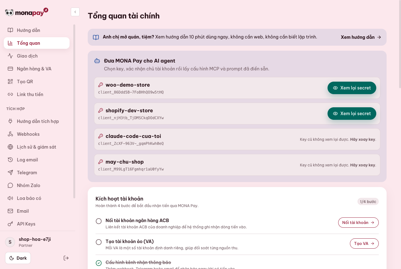 Dashboard MONA Pay tổng quan các bước nối ngân hàng, tạo tài khoản ảo và nhận báo có