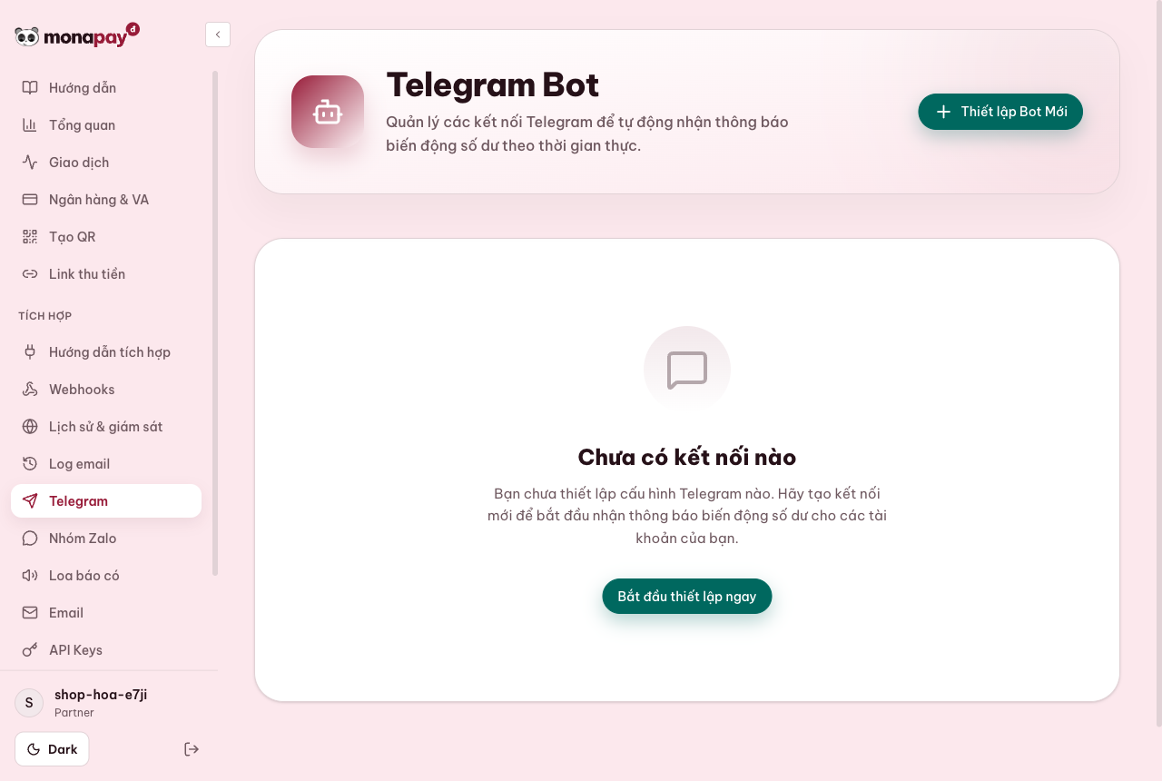 Dashboard MONA Pay cấu hình Telegram Bot và nút bắt đầu thiết lập ngay