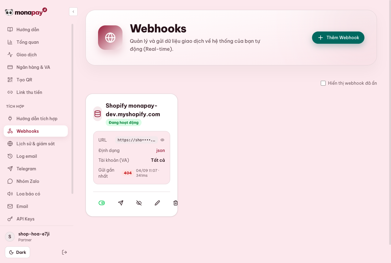 Dashboard MONA Pay quản lý webhook Shopify đang hoạt động và các sự kiện đã chọn
