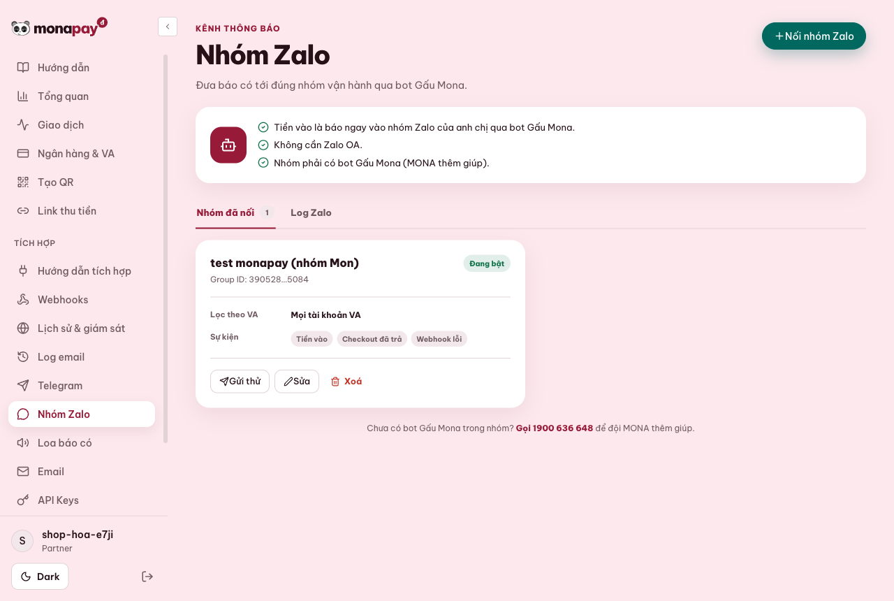 Dashboard MONA Pay thêm nhóm Zalo test monapay và chọn sự kiện Tiền vào, Checkout, Webhook lỗi