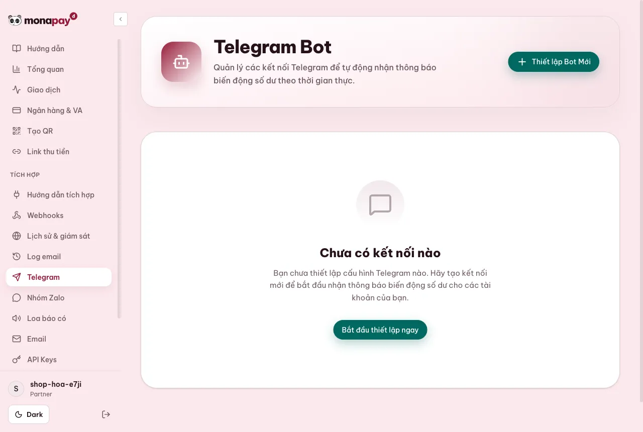 Dashboard MONA Pay: Báo có Telegram