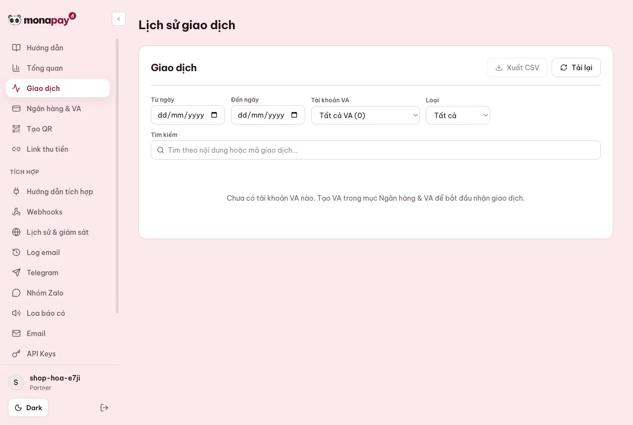 Dashboard MONA Pay: Sổ giao dịch