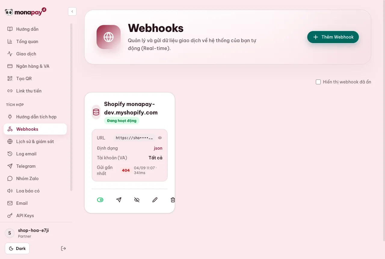 Dashboard MONA Pay: Webhook ký số