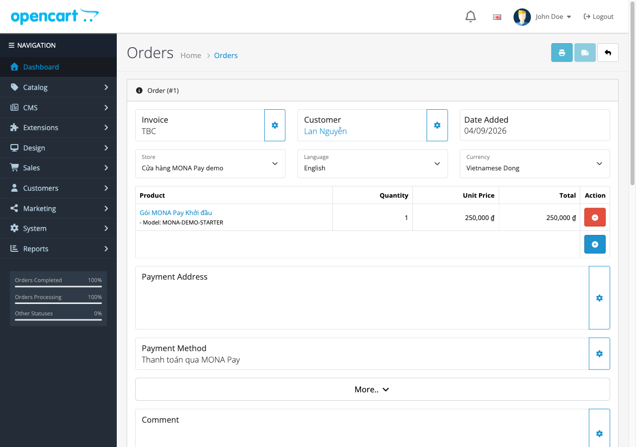 Admin OpenCart hiển thị đơn #1 thanh toán qua MONA Pay ở trạng thái Complete