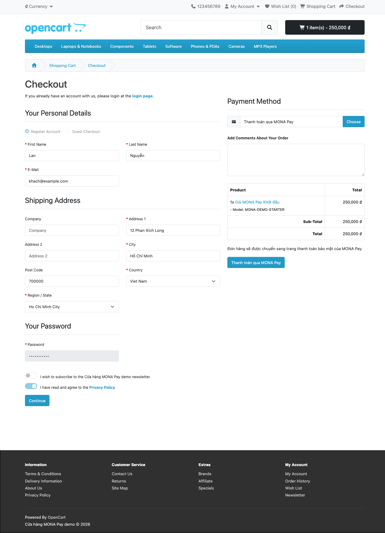 Checkout OpenCart chọn Thanh toán qua MONA Pay cho đơn hàng 250.000 đồng