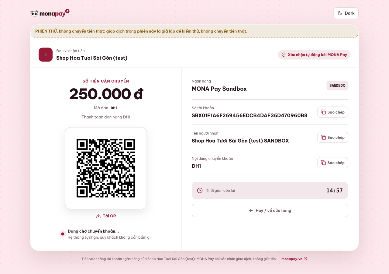 Trang pay.monapay.vn hiển thị 250.000 đồng, mã đơn DH1 và mã QR trong chế độ thử