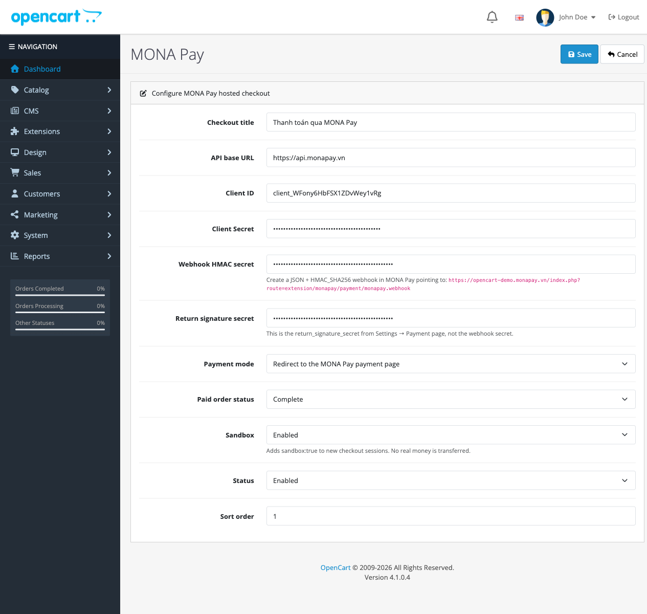 Cấu hình module thanh toán OpenCart MONA Pay với Client ID, Client Secret, chế độ redirect và Sandbox