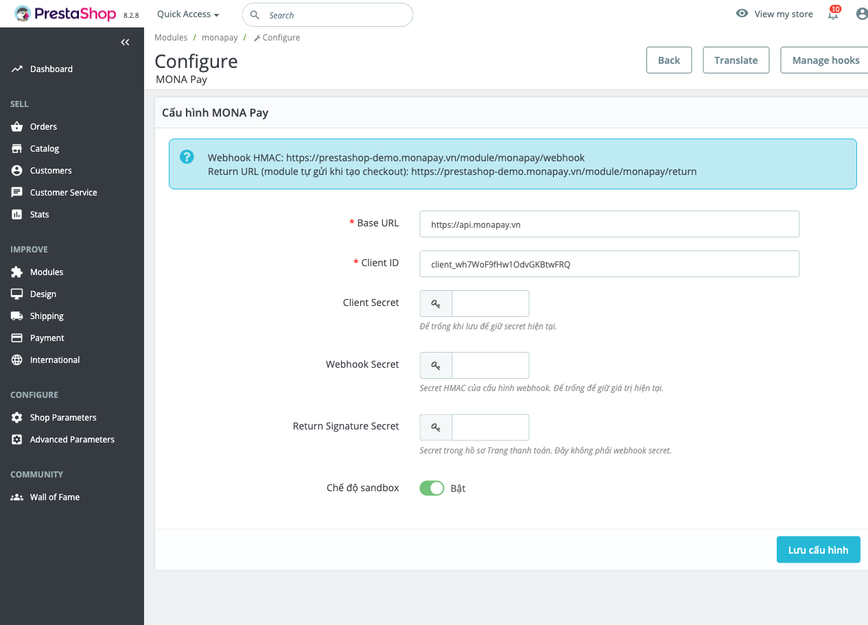 Cấu hình module thanh toán PrestaShop MONA Pay với Client ID, Client Secret, Webhook Secret, Return Signature Secret và Sandbox