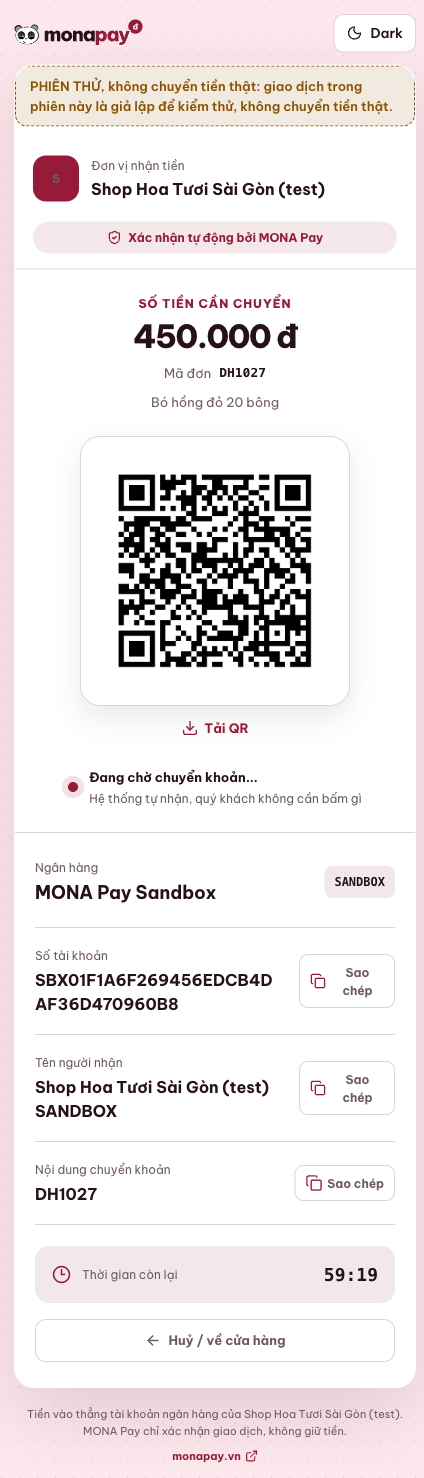 Trang thanh toán MONA Pay đang chờ khách quét VietQR cho đơn DH1027