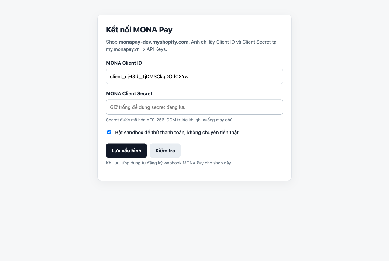 MONA Pay cho Shopify: màn hình cài ứng dụng và nhập Client ID, Client Secret