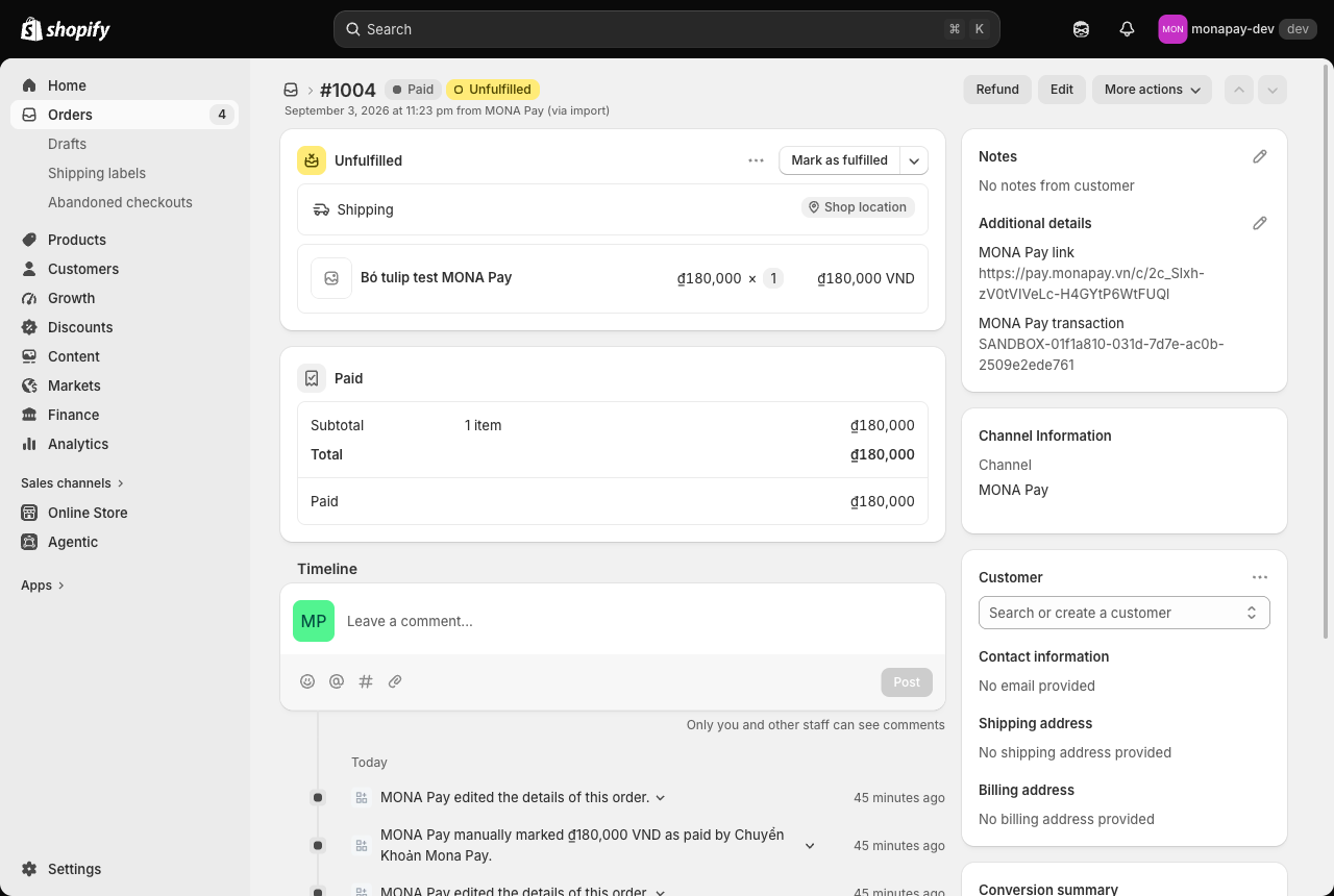 MONA Pay cho Shopify tự đánh dấu đơn hàng Shopify #1004 là Paid
