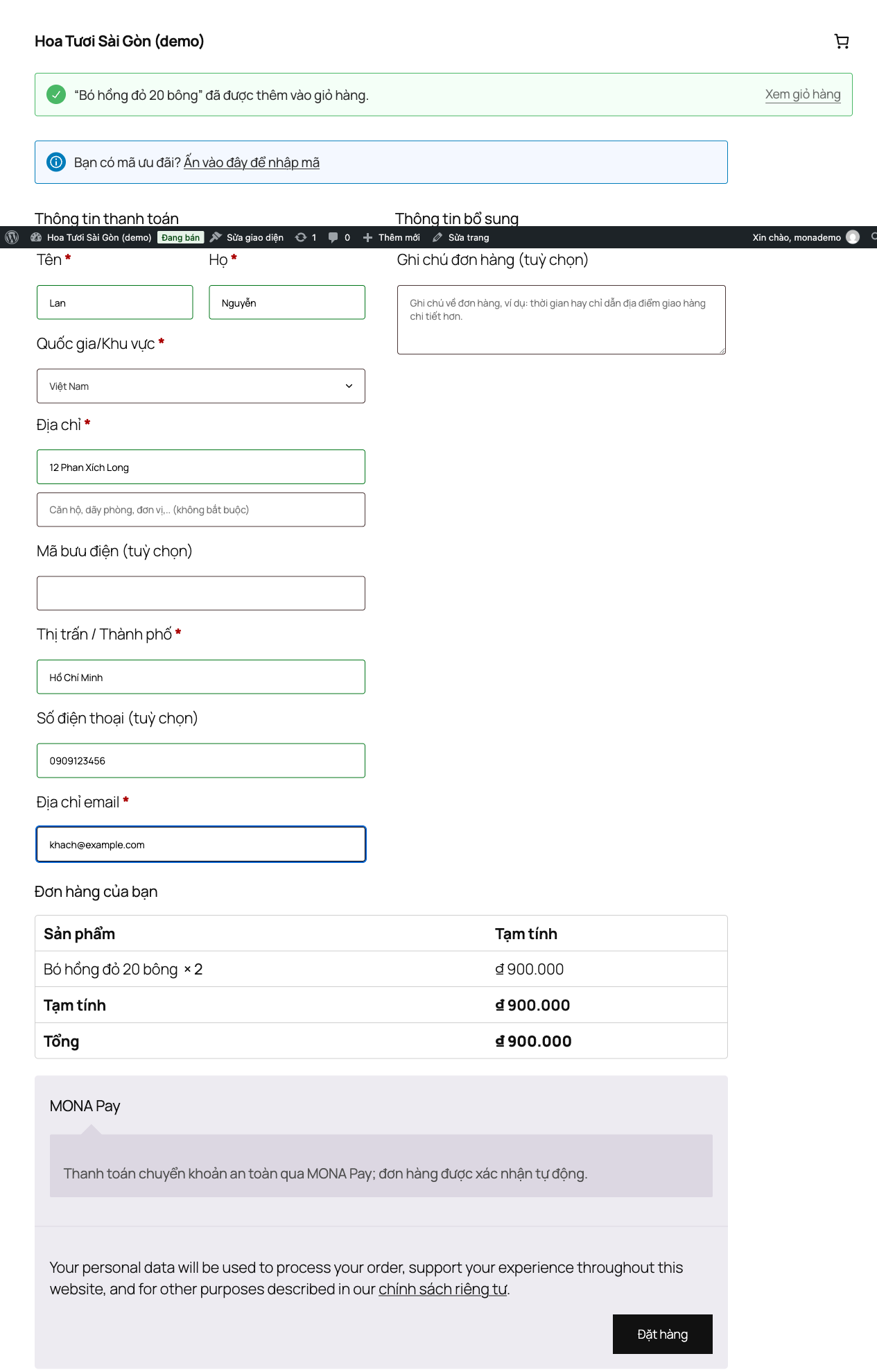 Ảnh plugin WooCommerce MONA Pay được chọn tại trang checkout của đơn hàng 900.000 đồng
