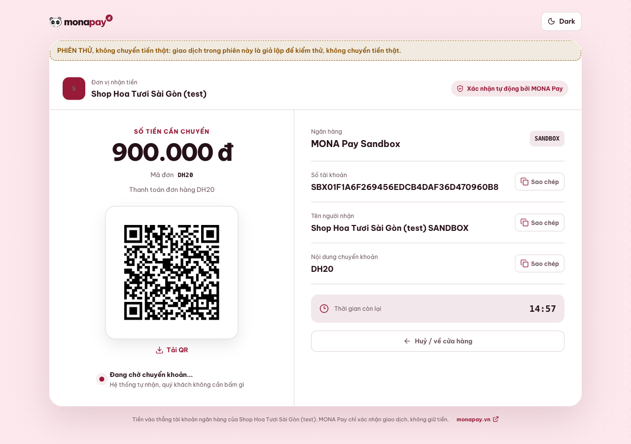 Ảnh plugin WooCommerce MONA Pay chuyển đơn 900.000 đồng sang trang pay.monapay.vn với mã VietQR