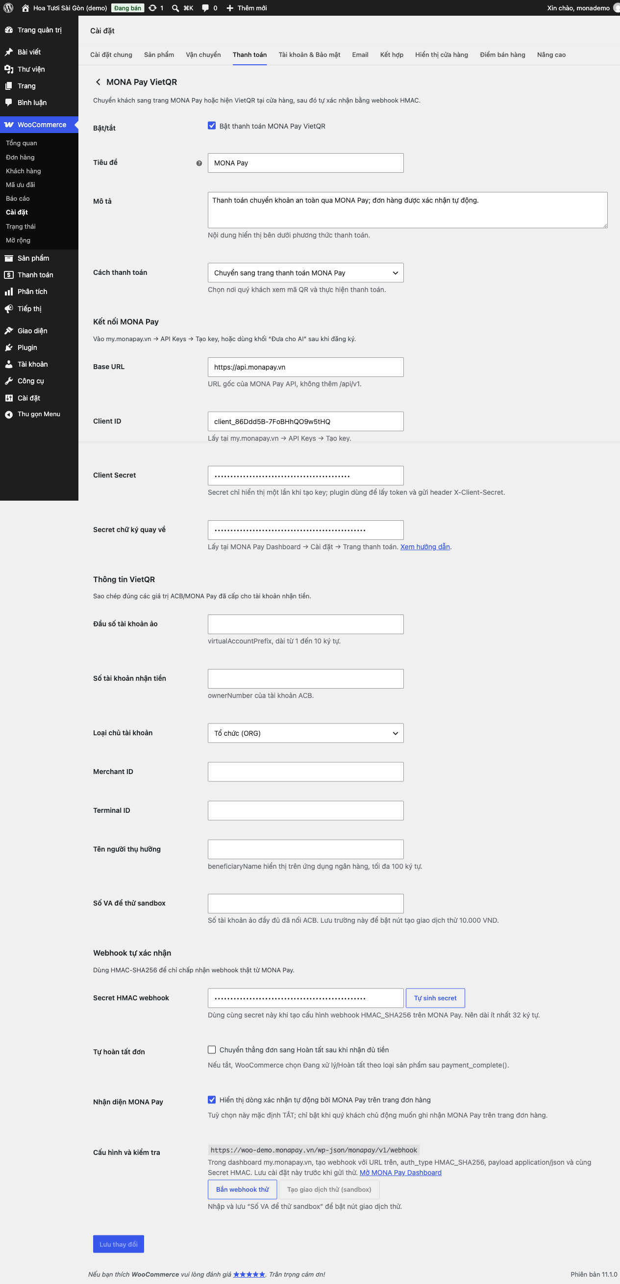 Ảnh cài đặt plugin WooCommerce MONA Pay với Client ID, Client Secret và chế độ thử sandbox