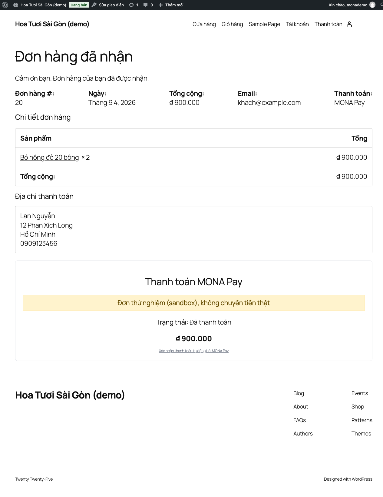 Ảnh plugin WooCommerce MONA Pay báo trạng thái Đã thanh toán trên trang Đơn hàng đã nhận